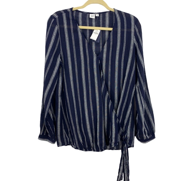 Gap Maternity Striped Linen Blend Faux Wrap Top Sz S - Picture 2 of 10